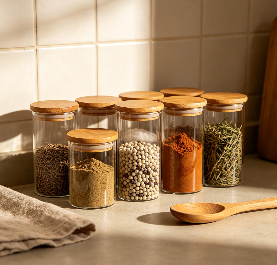Glass Seasoning Containers With Wooden Lids